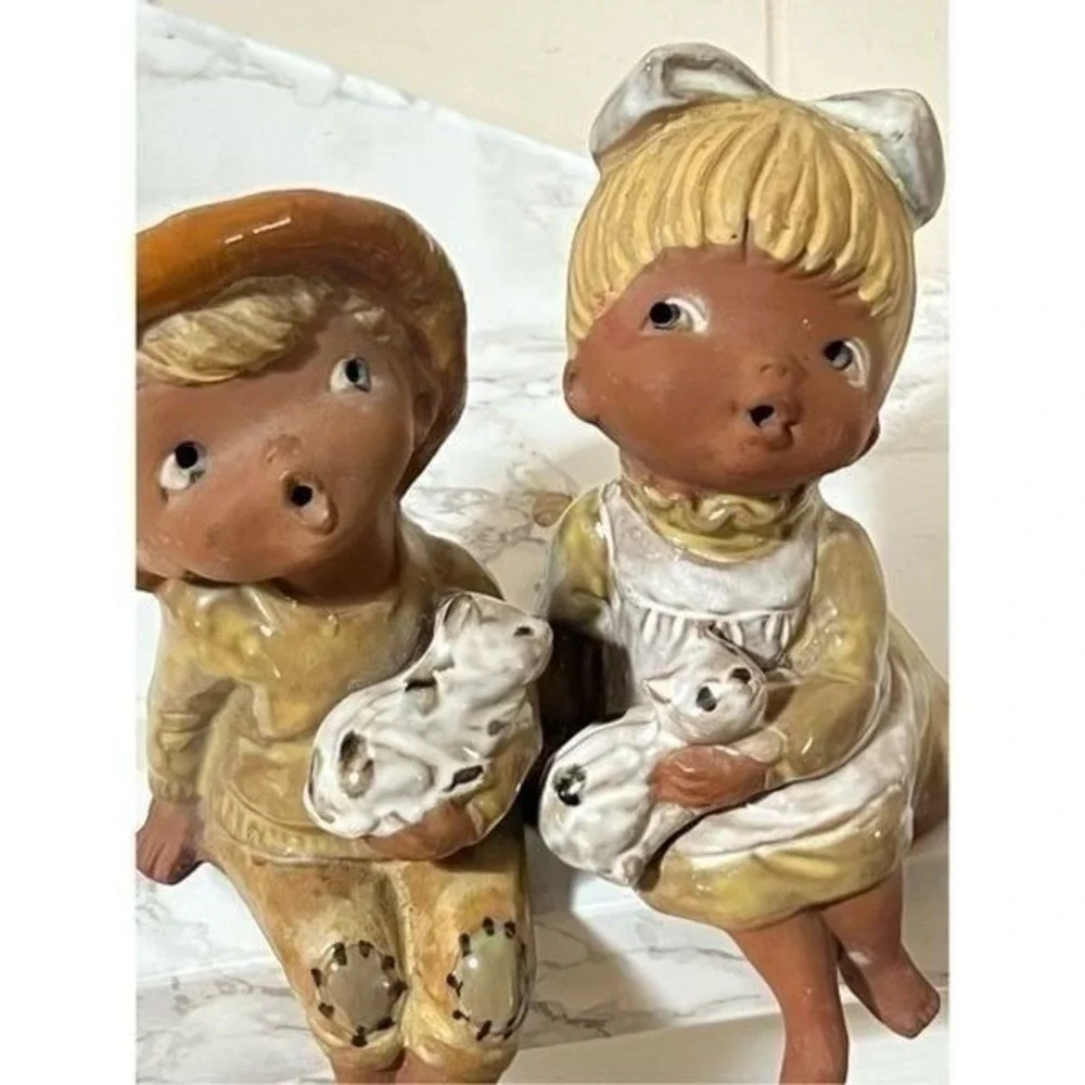 Vintage Handmade Ceramic Seated Boy & Girl with Cats 6
